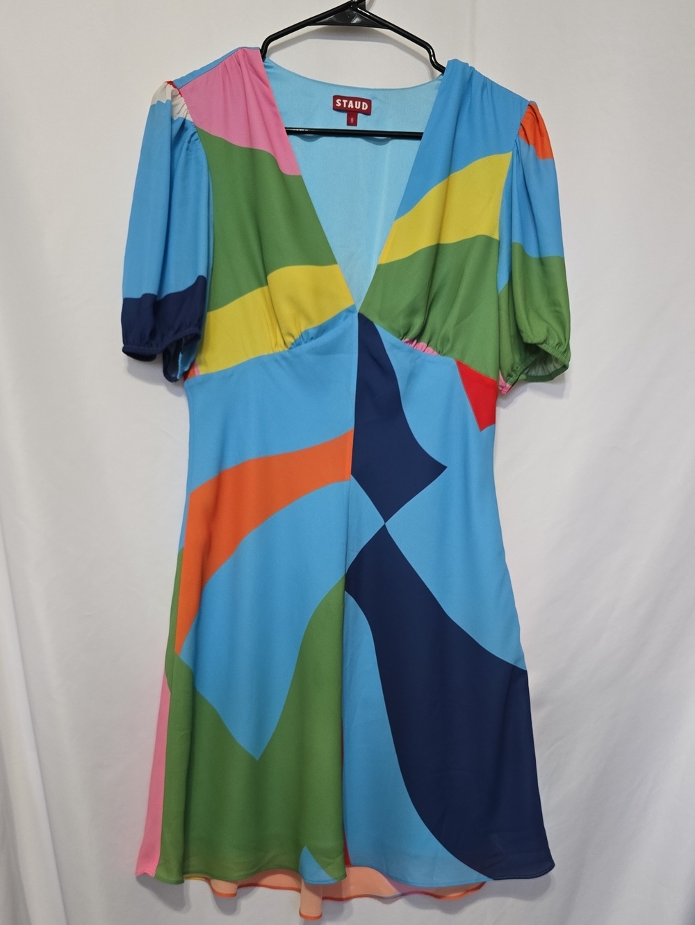 STAUD Mini Milla Dress Geometric Abstract Puff Sleeve Retro V-Neck Multicol